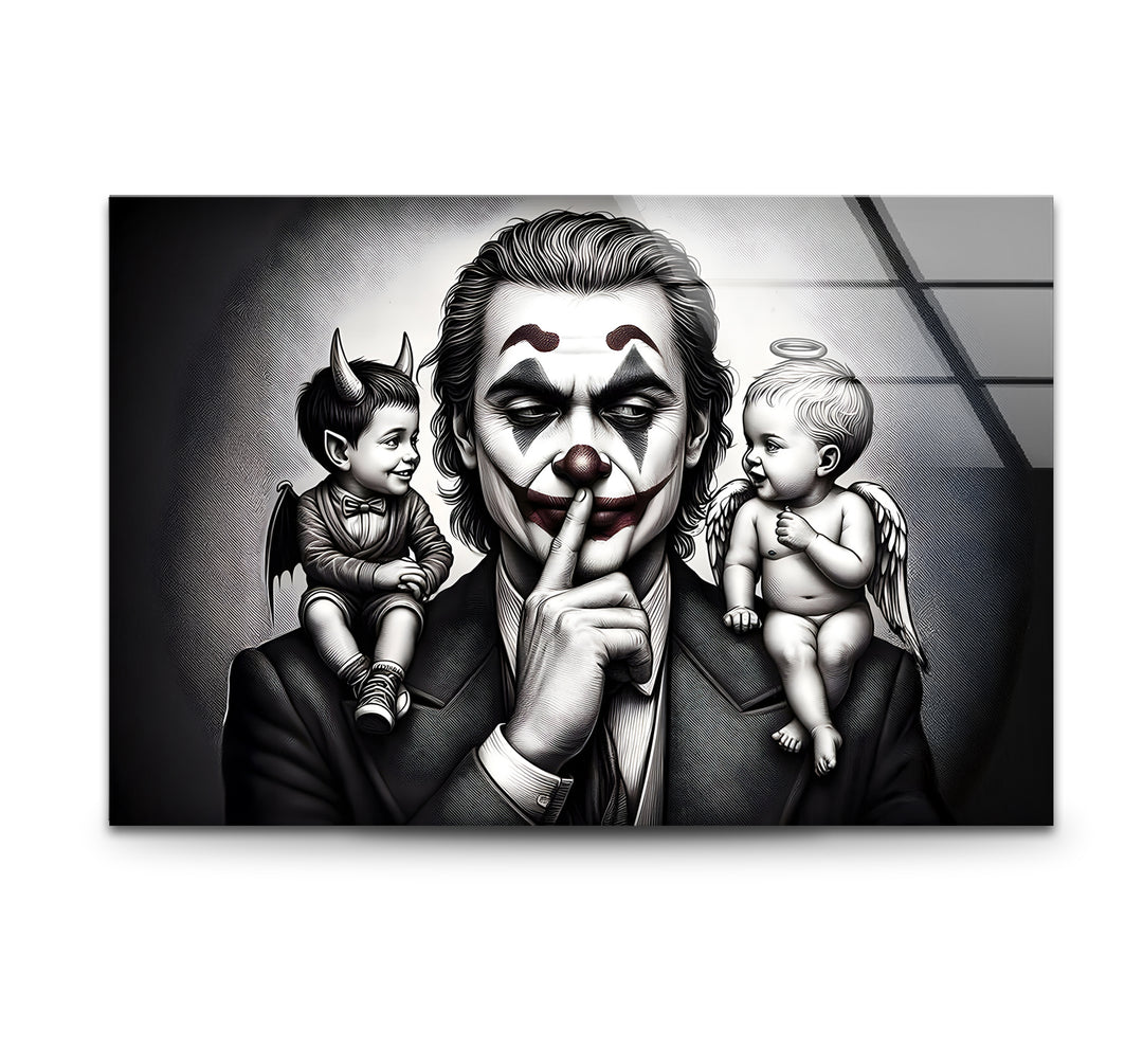 Bold black and white wall art featuring the Joker in a thoughtful pose with dramatic contrasts.