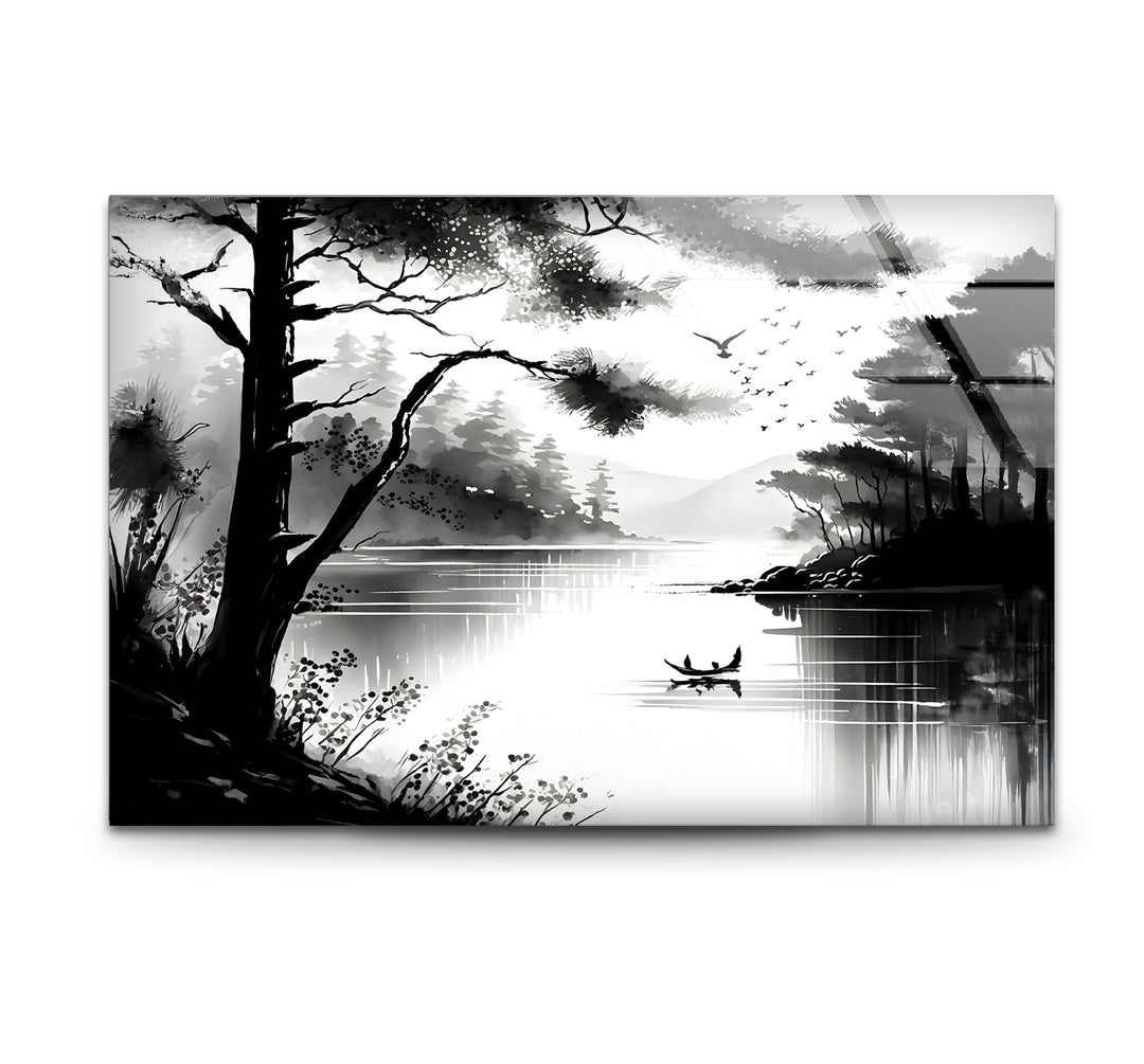 Elegant black and white wall art featuring a tranquil lake view with trees and mountains.