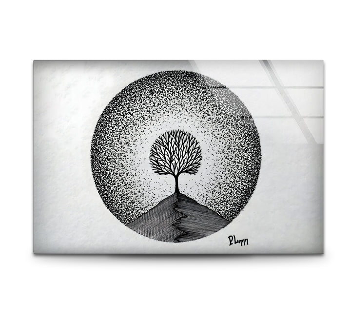 Elegant black and white wall art featuring a detailed drawing of a tree in a minimalist style.