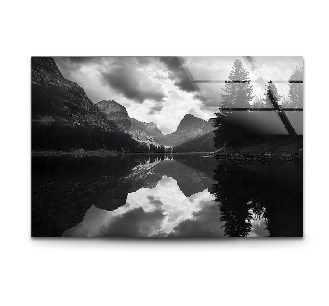 Black and white art featuring a tranquil lake landscape with reflective water
