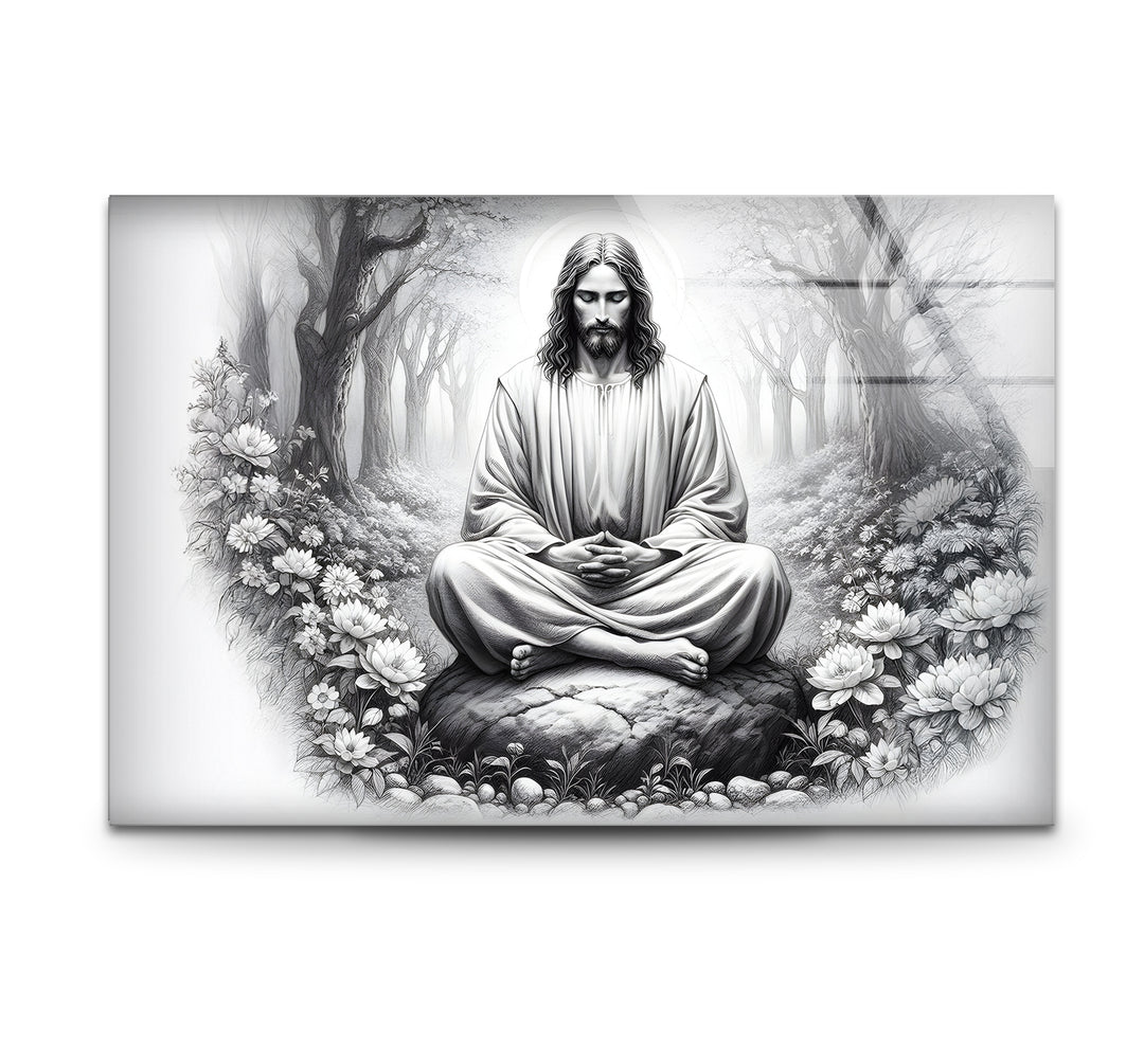 Elegant black and white wall art featuring a detailed drawing of Jesus with serene expressions.