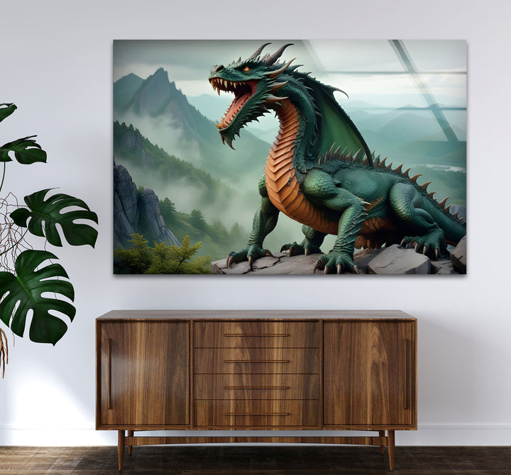 A powerful green dragon, ready to conquer, captured on durable glass for lasting beauty and impact.
