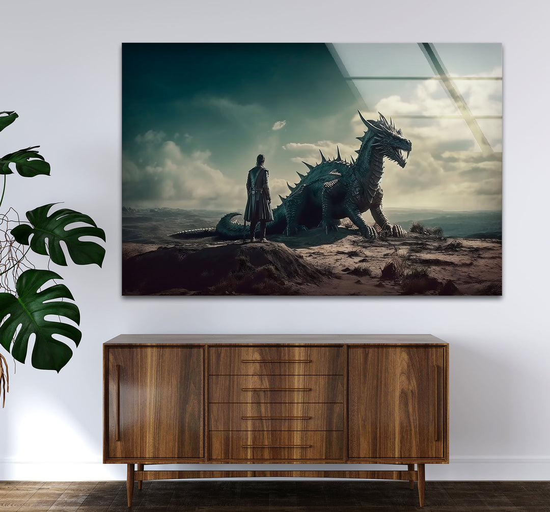 Epic and captivating, this dragon rider artwork on glass will inspire awe and adventure in your home.
