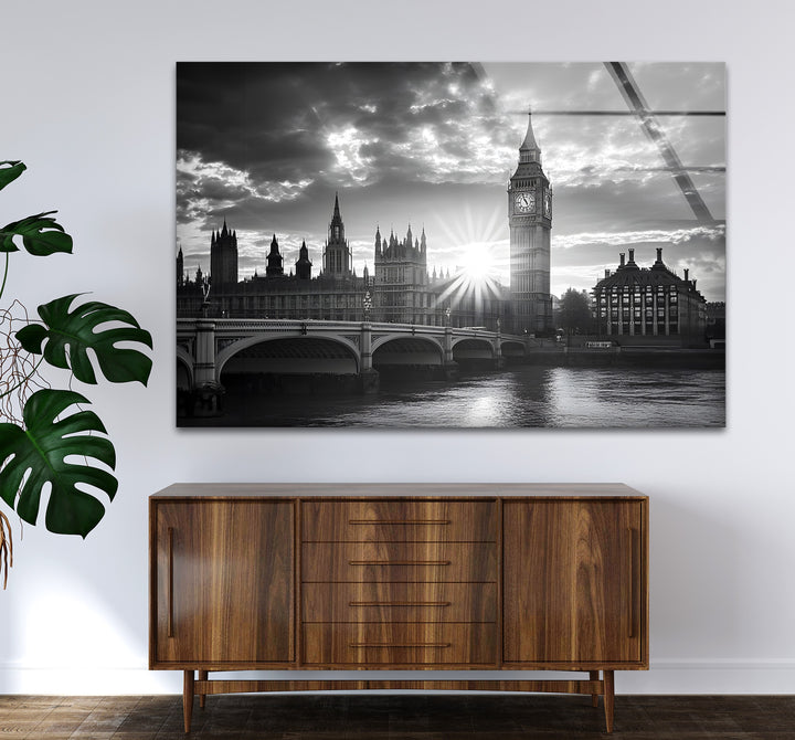 Bold black and white framed art of Westminster Bridge blending historic significance with artistic elegance
