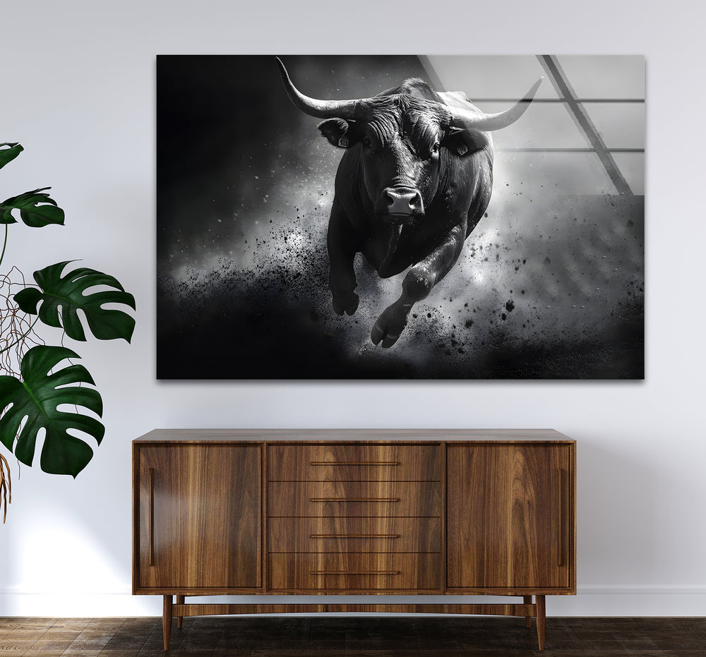 Stylish black and white wall art showcasing the strength and energy of a bull in a dramatic composition
