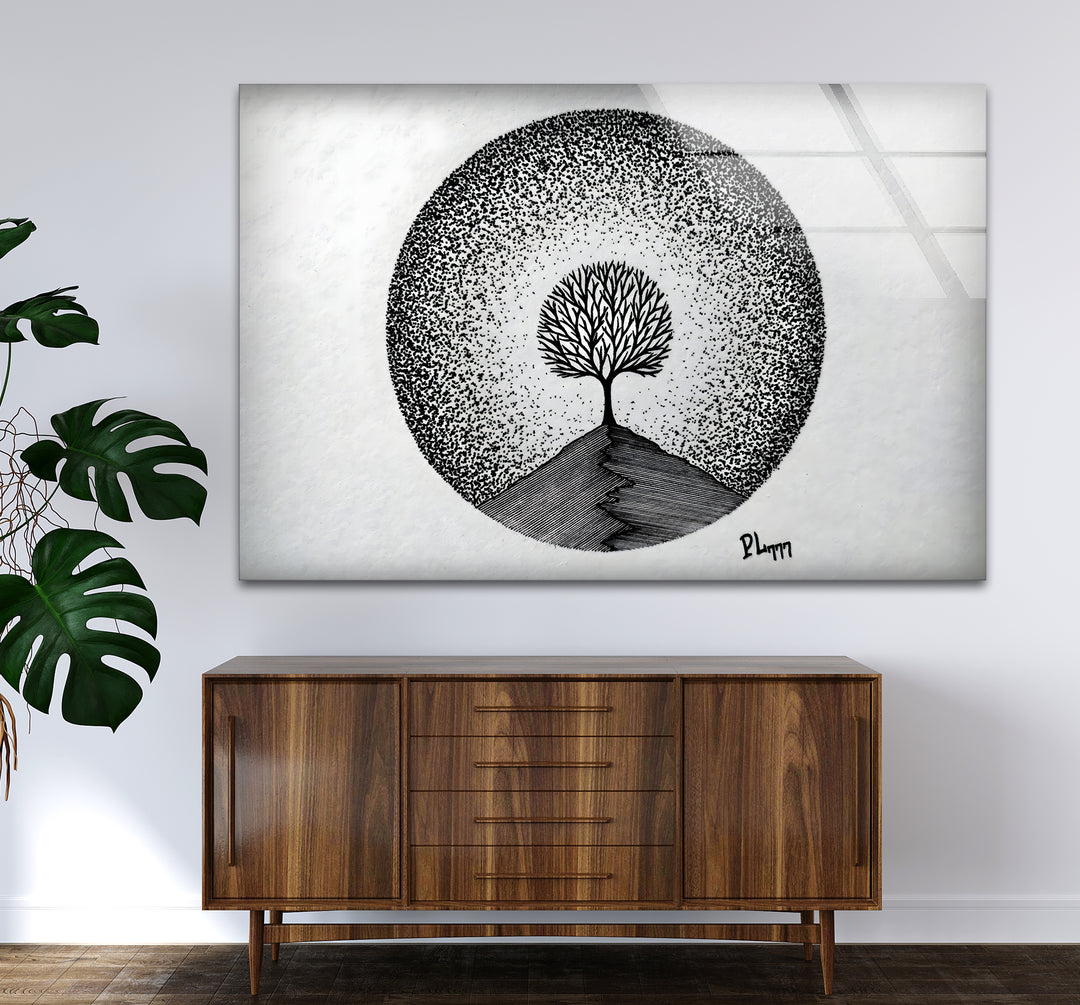 Modern black and white wall decor with a stunning abstract drawing of a tree.