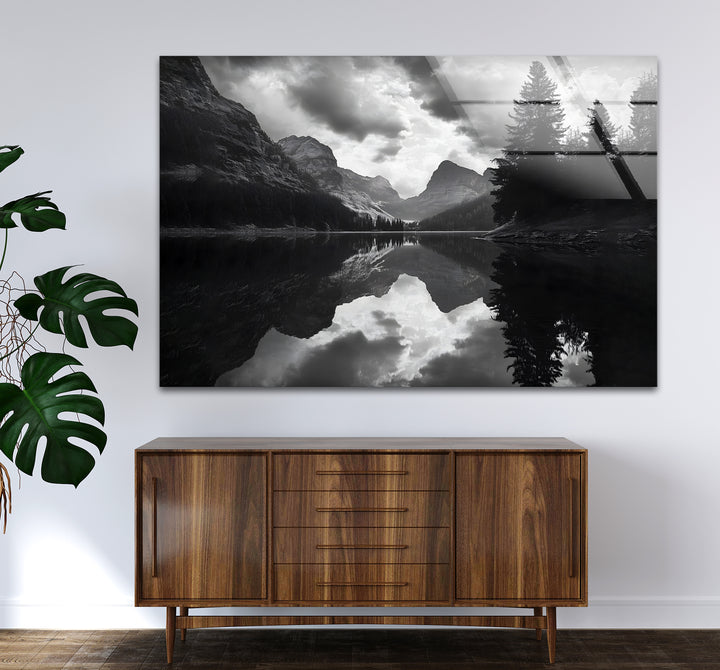 Captivating black and white wall decor featuring a peaceful lake scene with intricate details
