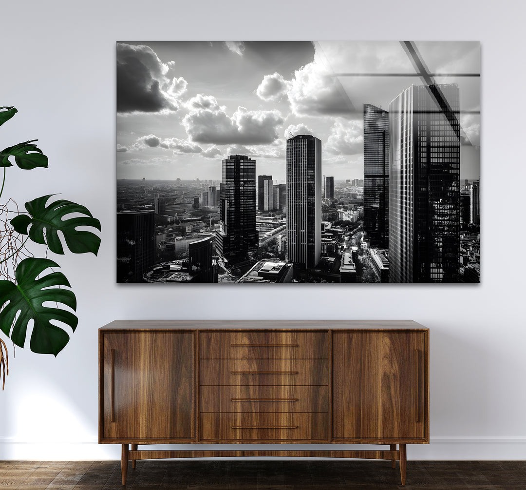 Chic black and white paintings of an urban landscape, ideal for adding a modern touch to any space.