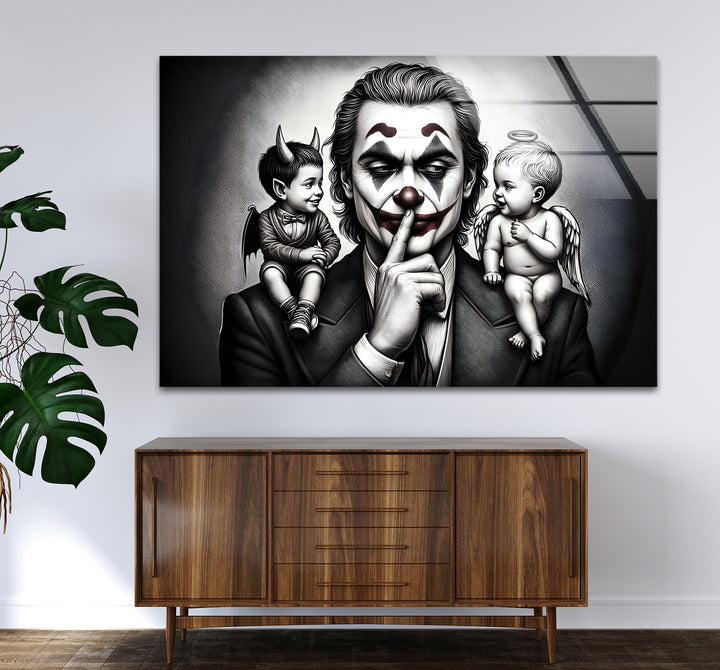 Unique black and white wall decor showcasing the Joker's complex personality in a creative composition.