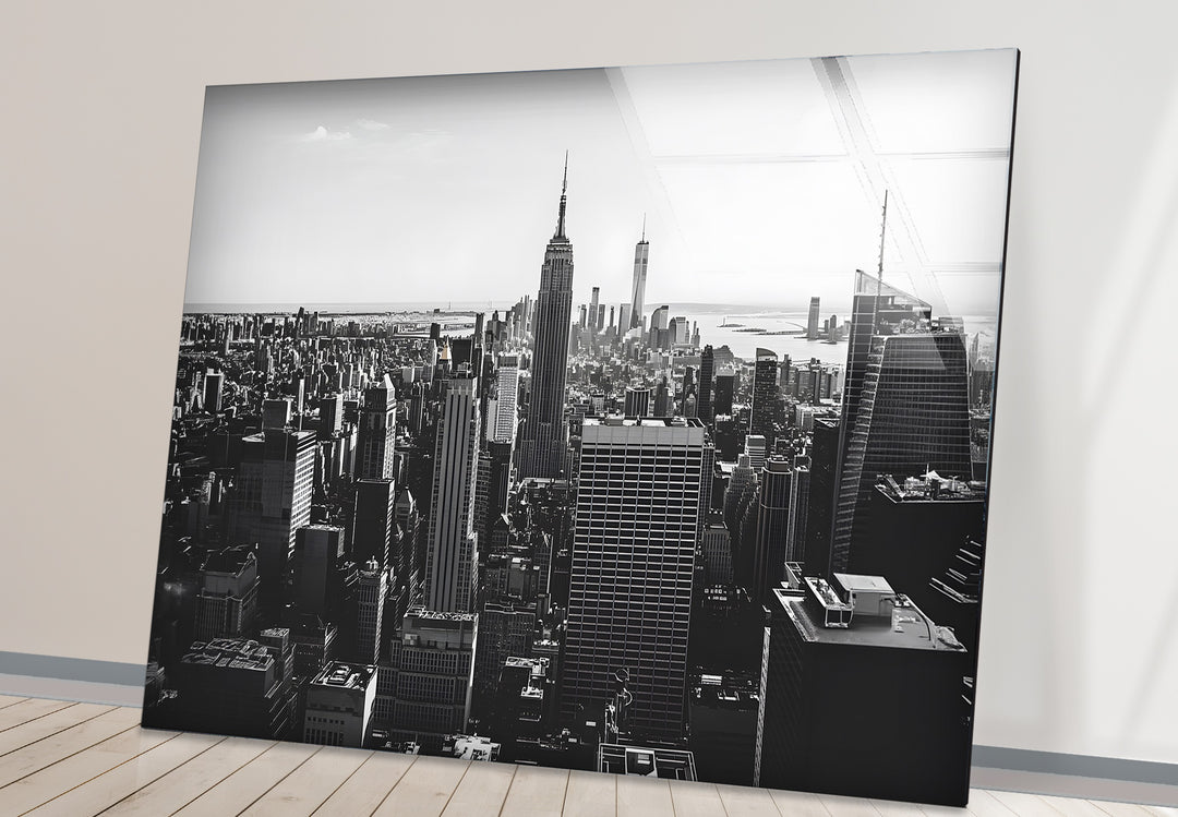 Bold black and white framed art of the Empire State Building blending historic significance with artistic elegance.