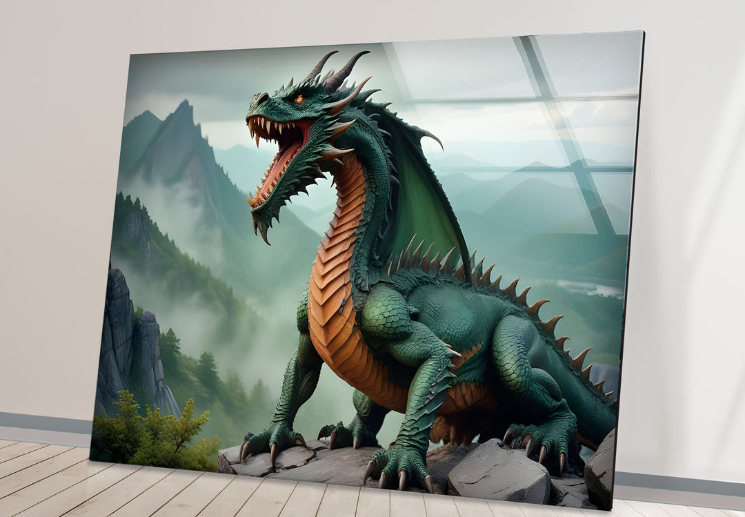 A detailed green dragon artwork in its natural setting, printed on glass for a magical touch to your decor.
