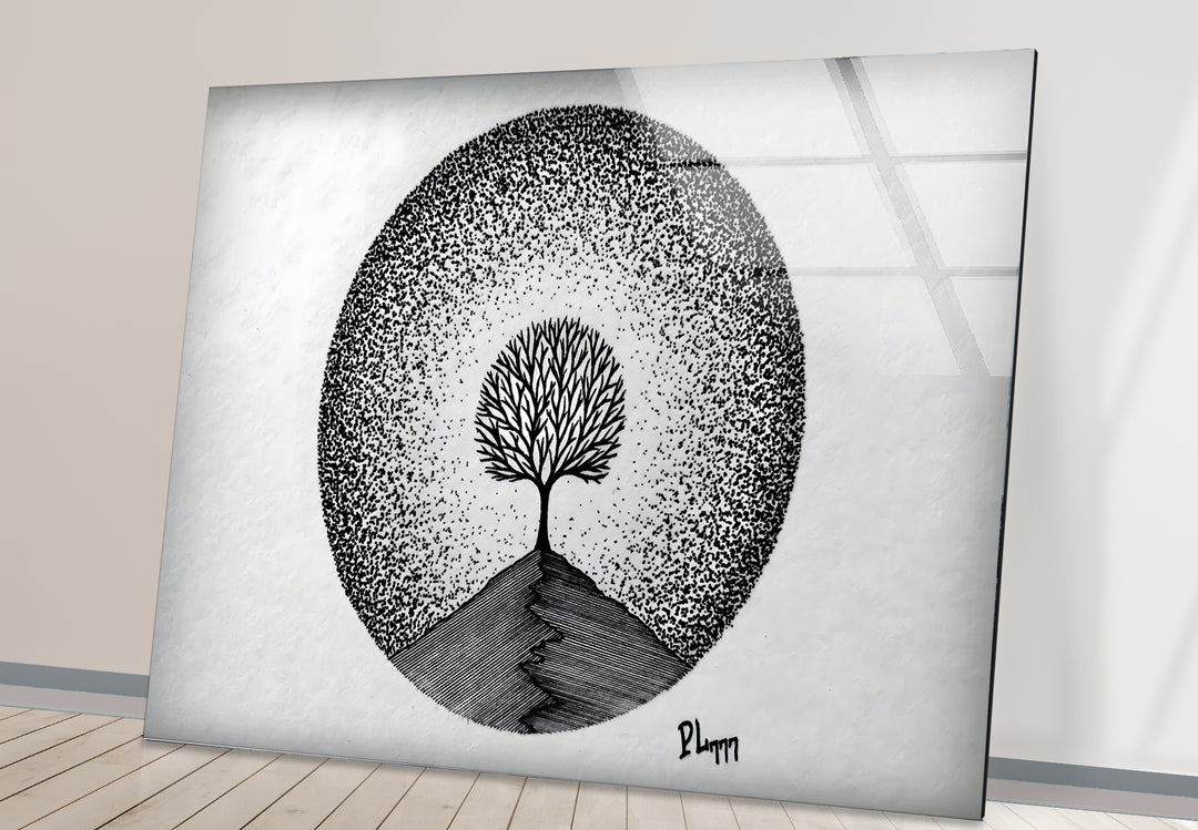 Captivating black and white paintings of a tree with intricate details and expressive shading.