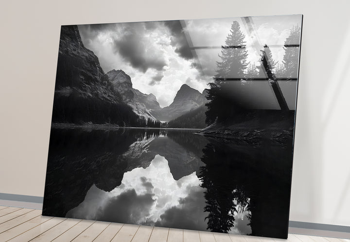 Striking black and white abstract art celebrating the tranquility of a lake in a dynamic design
