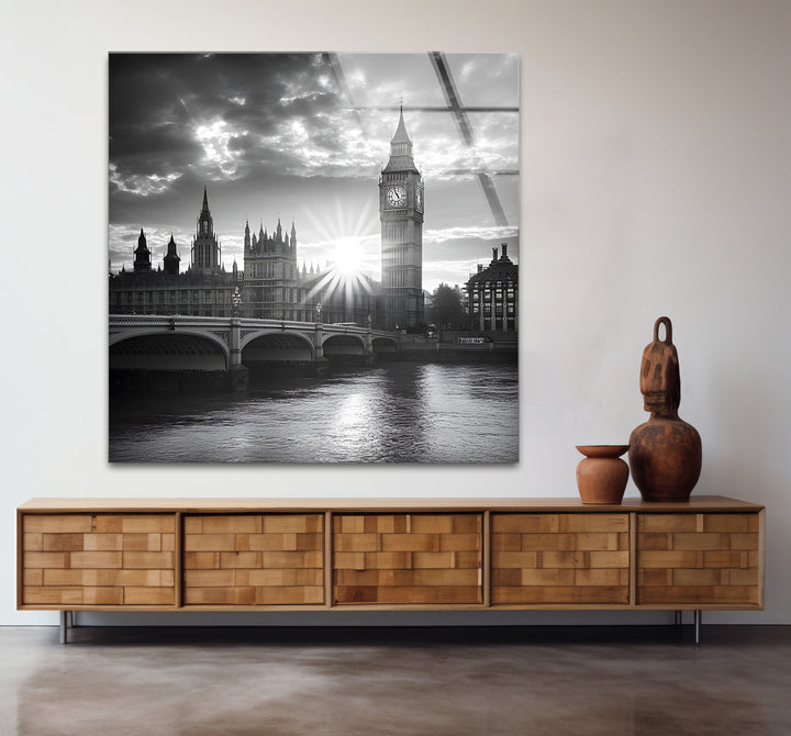 Striking black and white abstract art celebrating the architectural beauty of Westminster Bridge
