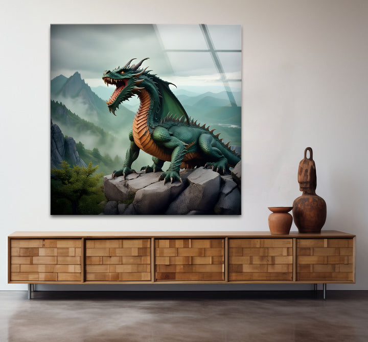 A green dragon, full of strength and beauty, comes to life on this stunning piece of glass wall art.
