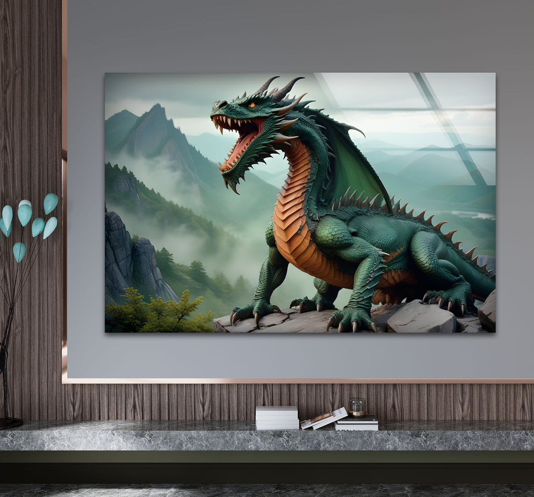 A majestic green dragon standing tall, with fiery eyes and detailed scales, designed on durable tempered glass.
