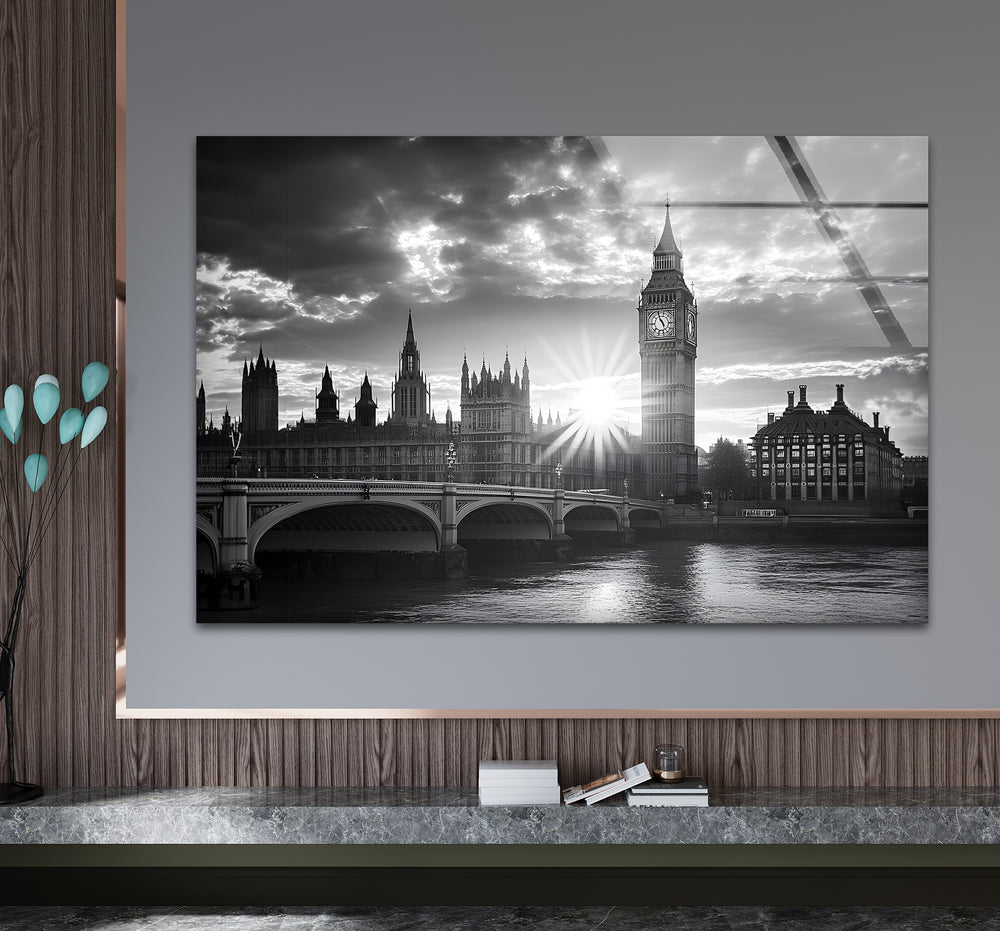 Stylish black and white wall art showcasing Westminster Bridge with intricate architectural details
