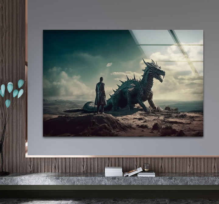 A dramatic dragon rider scene, designed to add adventure and fantasy to your home, printed on premium glass.
