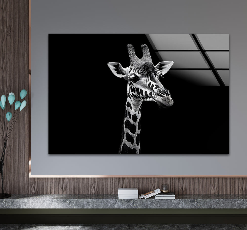 Stylish black and white wall art showcasing the elegance of a giraffe in a dramatic composition
