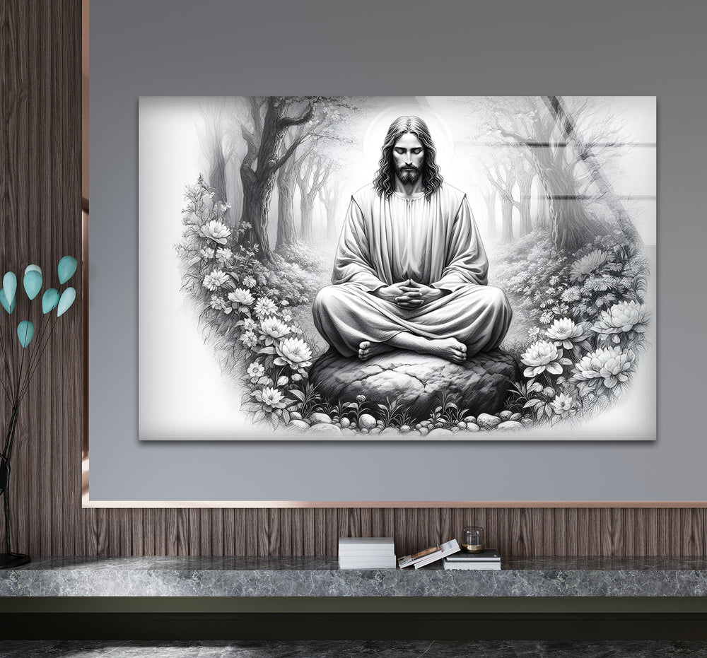 Sophisticated black and white artwork showcasing Jesus in an intricate and artistic composition.