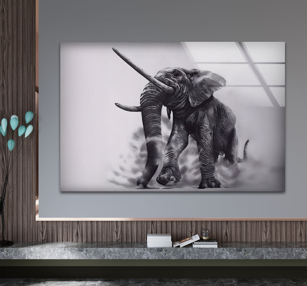 Stylish black and white artwork showcasing the grandeur of an elephant in a dramatic composition.