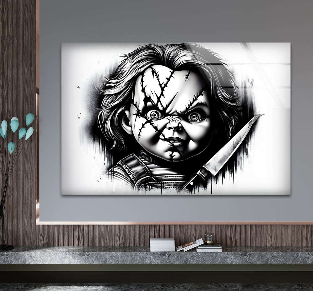 Stylish black and white artwork showcasing the iconic Chucky in a dramatic and eerie pose.