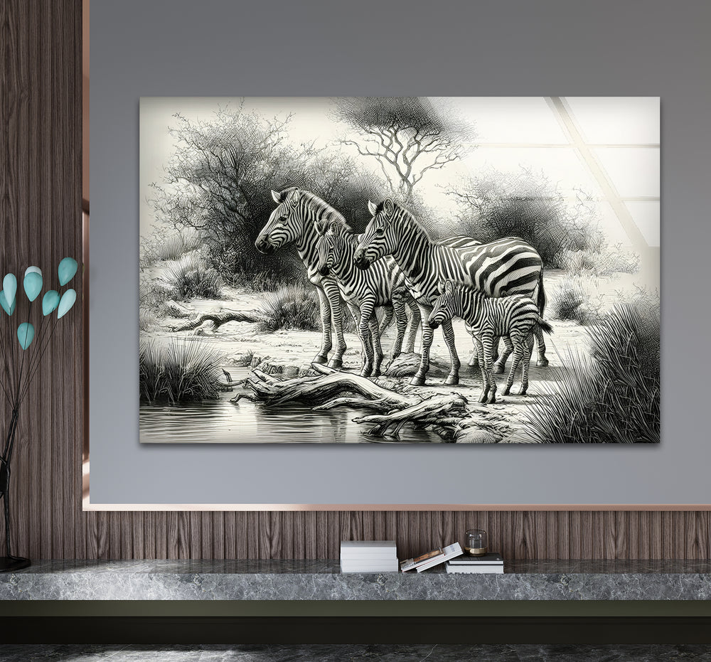 Sophisticated black and white artwork showcasing the intricate stripes of a zebra family.