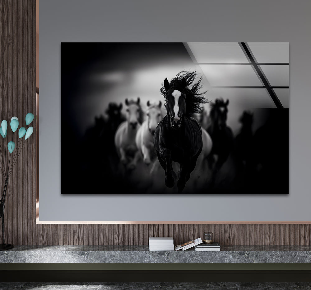 Elegant black and white artwork showcasing the strength and grace of galloping horses.