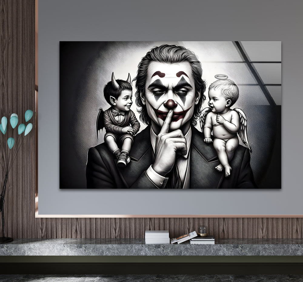 Sophisticated black and white artwork capturing the Joker in a contemplative moment with intricate shading.