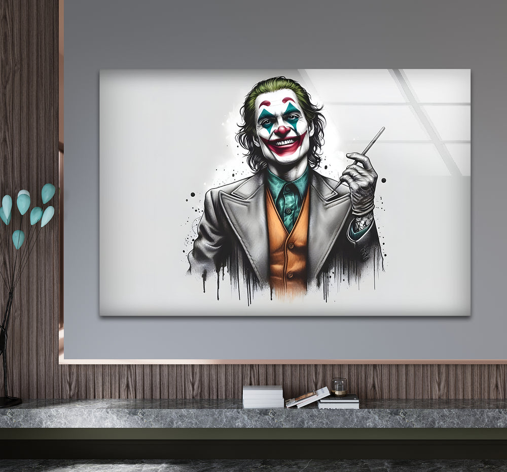 Sophisticated black and white artwork showcasing the Joker with artistic watercolor textures.