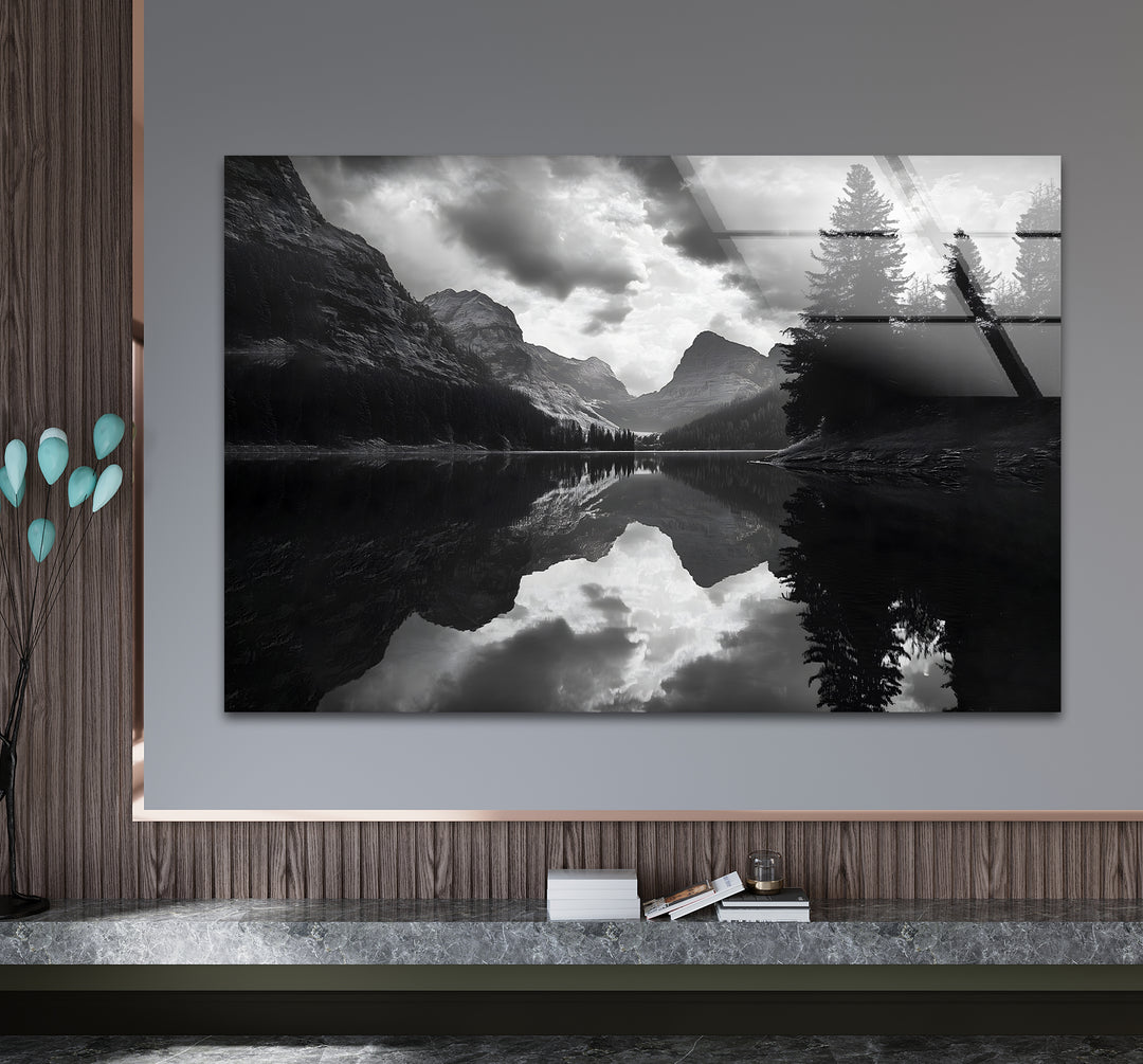 Stylish black and white wall art showcasing a serene lake surrounded by trees in a minimalist design
