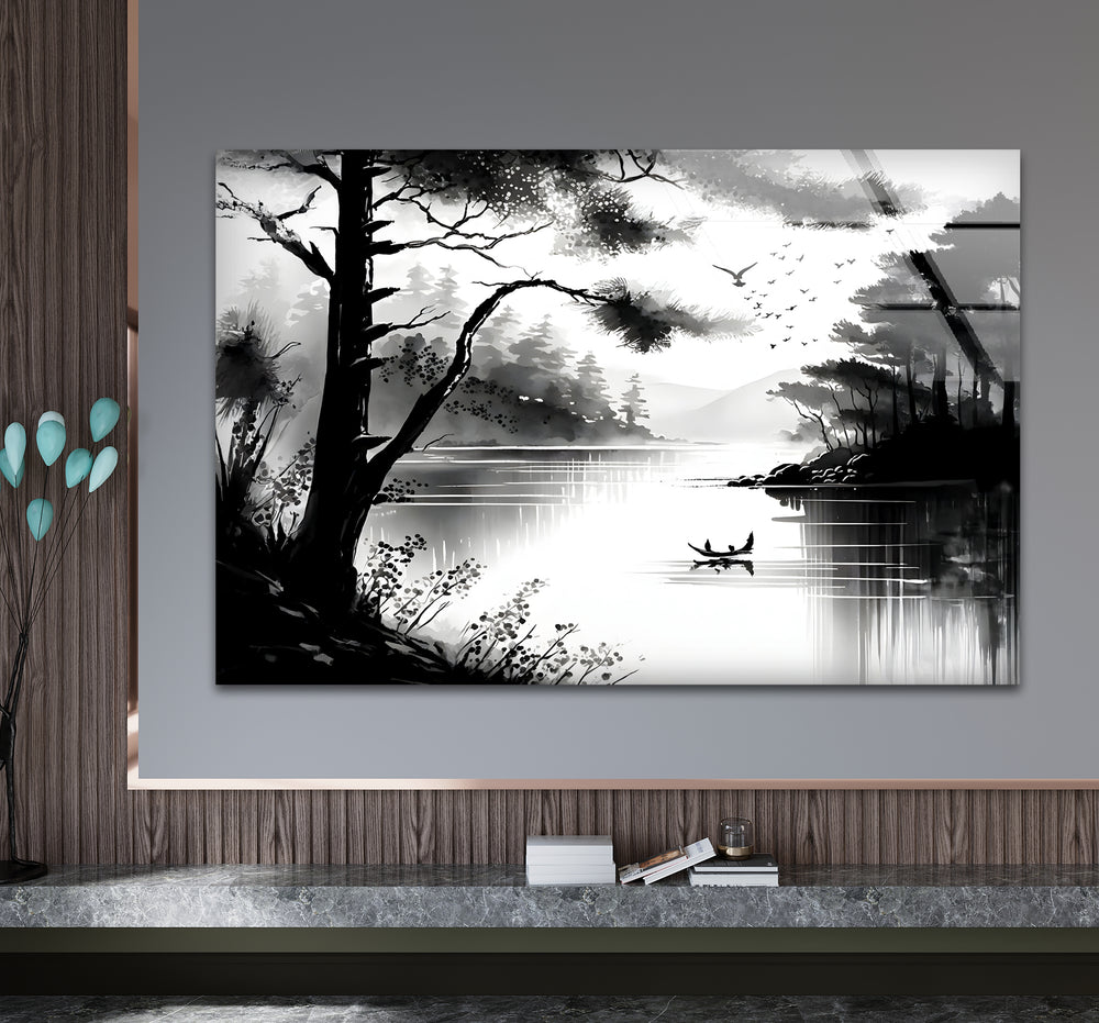 Sophisticated black and white artwork showcasing a serene lake surrounded by natural beauty.