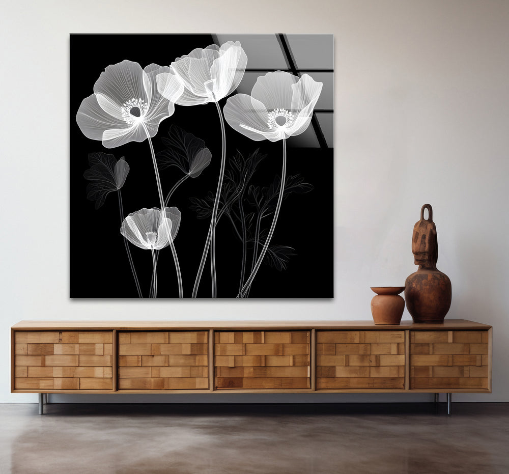 Elegant X-ray poppies showcased in stunning black and white wall art design.