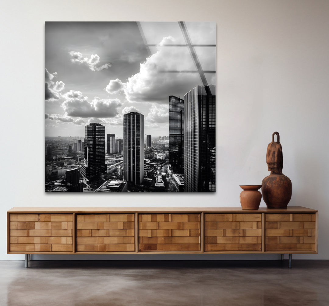 Bold black and white abstract art portraying the energy and rhythm of a modern city.