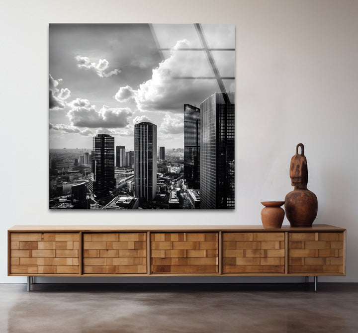 Bold black and white abstract art portraying the energy and rhythm of a modern city.