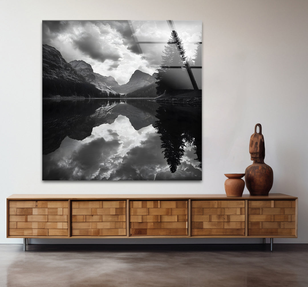 Modern black and white artwork highlighting the calm beauty of a lake landscape in monochrome
