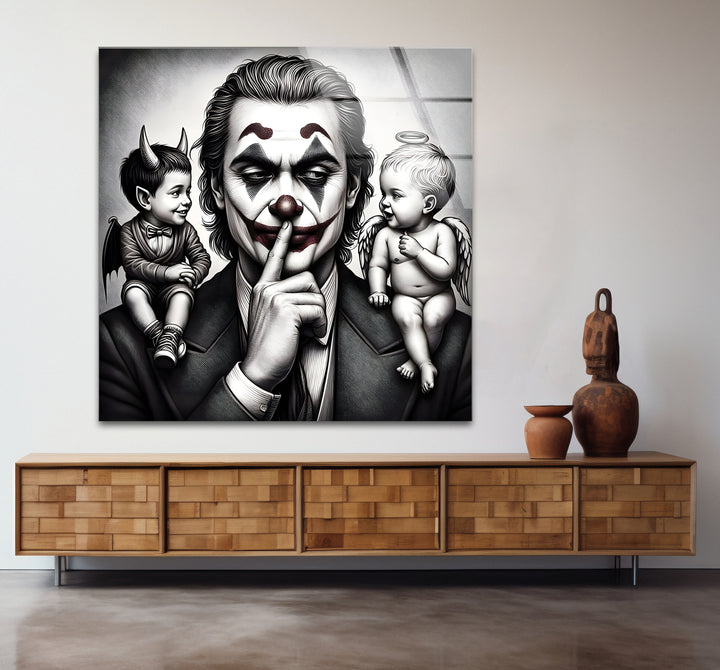 Chic black and white wall art of the Joker in a thoughtful mood, ideal for contemporary decor.