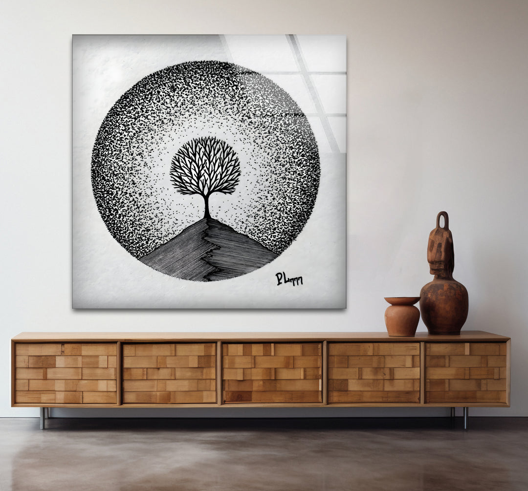 Elegant black and white abstract art portraying a tree in a dramatic and artistic composition.