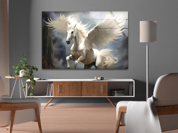 White Wing Horse Glass Wall Art glass pictures for Wall, glass prints wall art