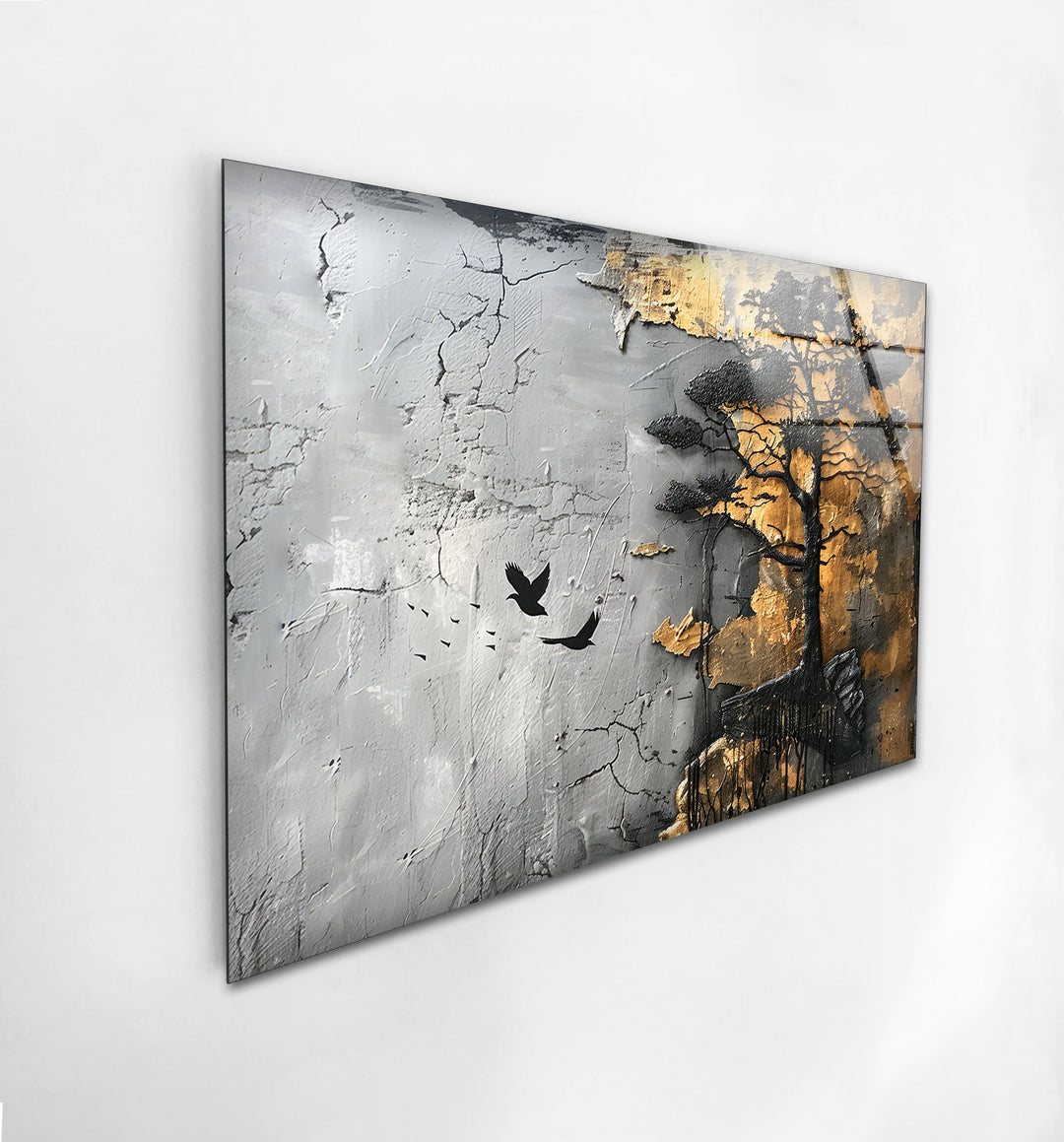 Black Tree Golden Abstract Glass Wall Art