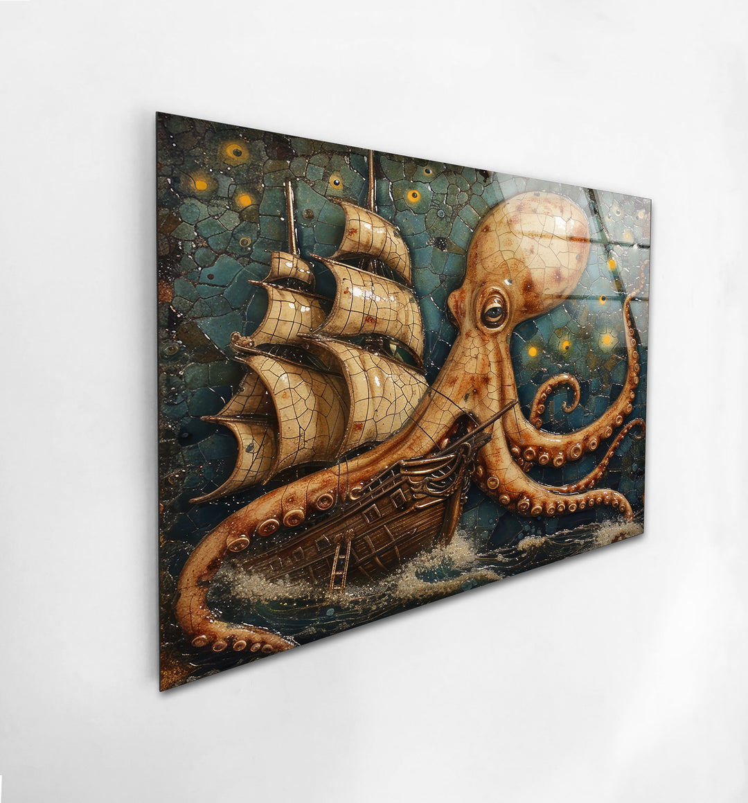 Octopus Captured Ship Glass Wall Art print on glass, glass printed photos