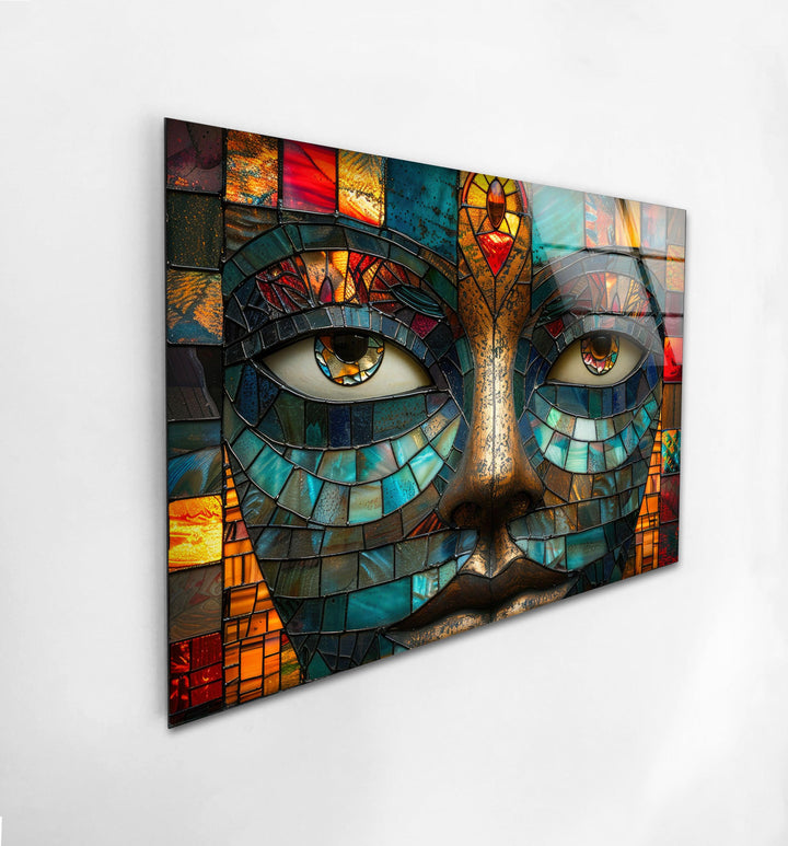 Mosaic Face with Colorful Eyes Glass Art Painting & Cool Wall Art