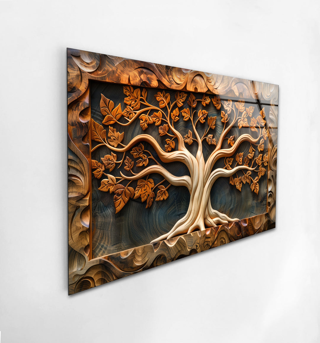 Carved Wood Tree Glass Wall Art custom glass photo prints, large glass prints