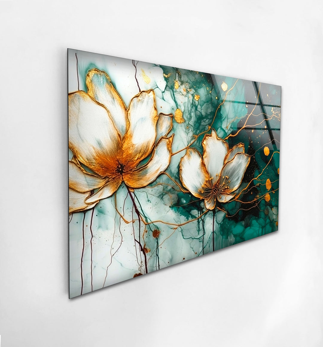 Watercolor Lotus With Golden Stains Glass Wall Art, glass art painting, glass art for the Wall
