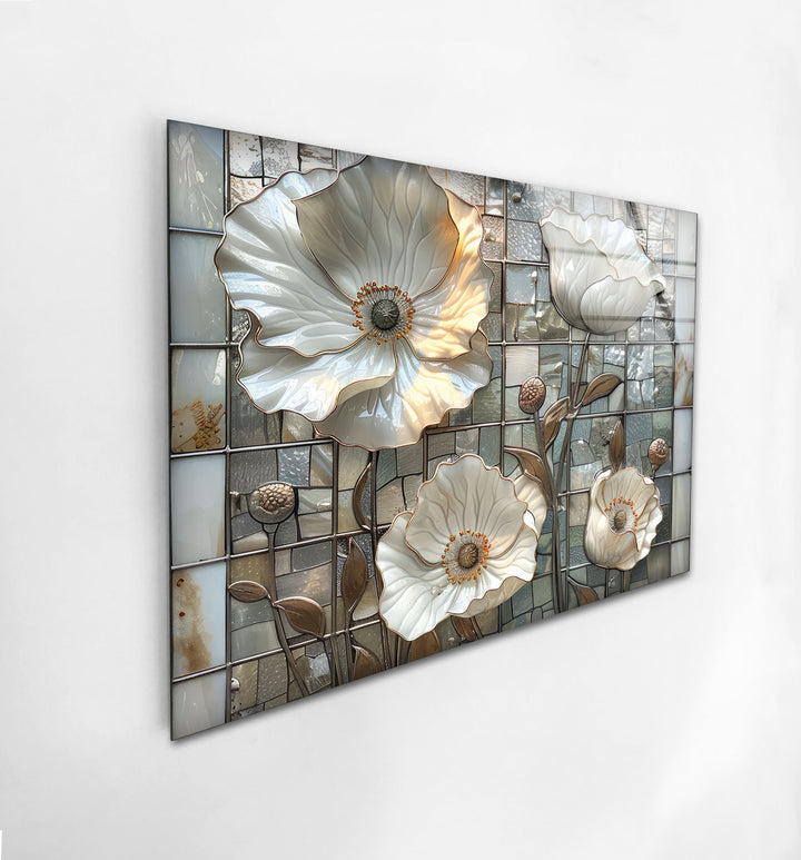 Mosaic White Poppy Glass Wall Art, Glass Printing Wall Art, Print photos on glass