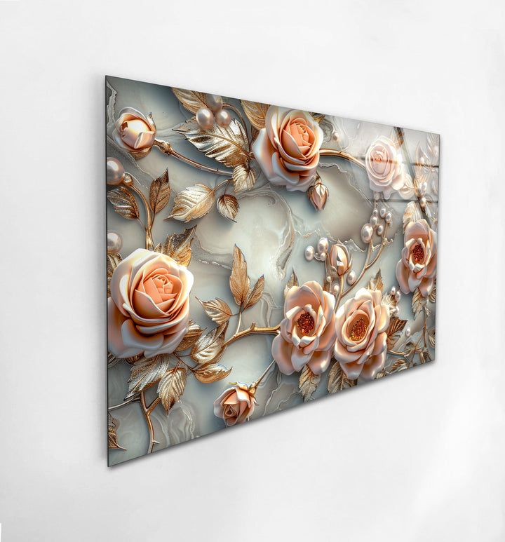 White Pearl Floral Glass Wall Art, glass art painting, glass art for the Wall