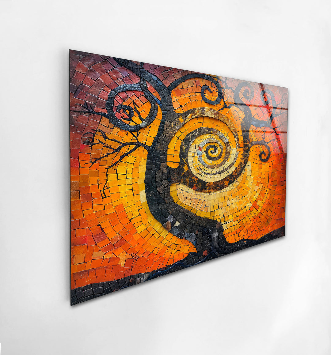 Mosaic Orange Sunset with Life of Tree Glass Wall Art Our modern glass wall art will make your living room look better, or you can choose glass wall art for the living room to make a captivating center point. Our glass wall hanging choices make it easy and stylish to show off glass art, glass panel art, and glass panel artwork. With glass photo prints, you can keep your favorite memories alive forever as photographs or pictures on glass that look like they're coming to life.