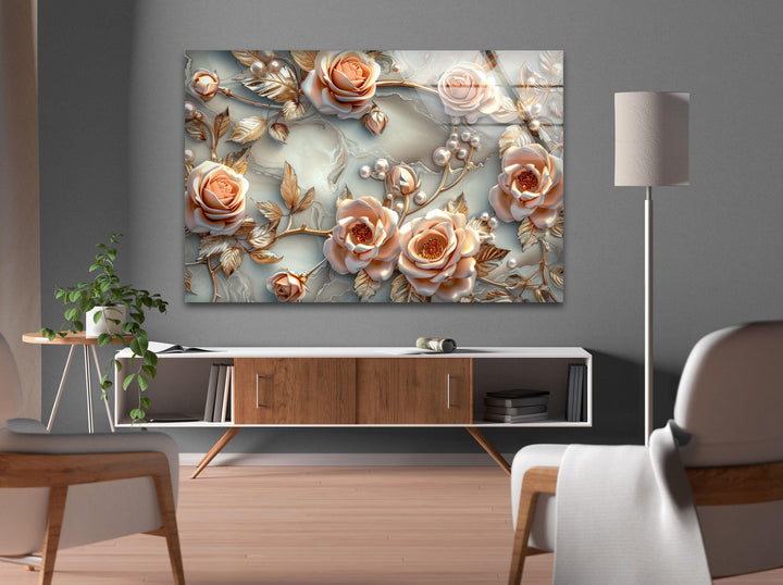 White Pearl Floral Glass Wall Art, custom glass pictures, glass art prints