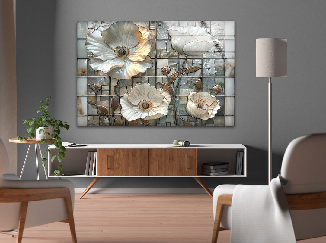 Mosaic White Poppy Glass Wall Art, photo print on glass, prints on glass wall art