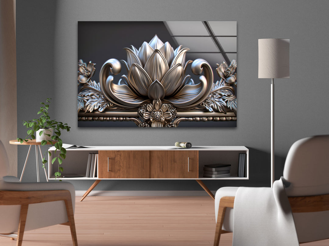 Silver Flower Glass Wall Art, glass pictures for Wall, glass prints wall art